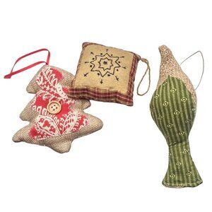 Handcrafted Burlap Plaid Ornaments Set Of 3 Tree Snowflake Bird Primitive Folk